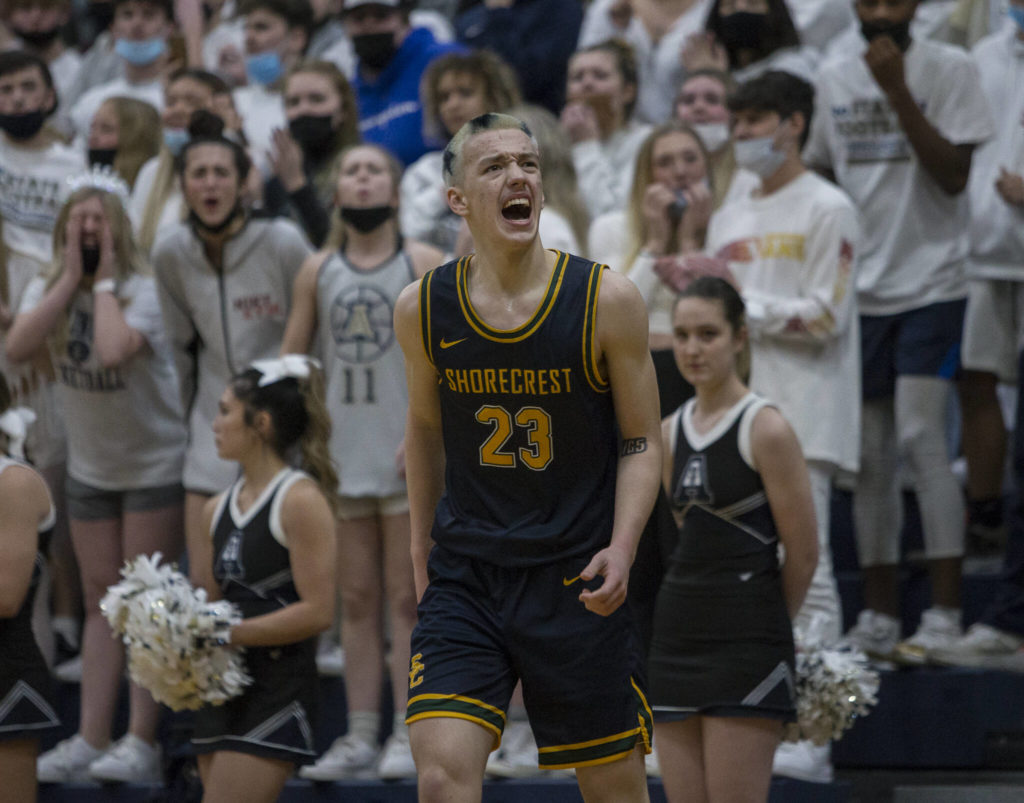 Shorecrest’s Parker Baumann reacts to a foul called against him during the game against Arlington on Tuesday, Dec. 14, 2021 in Arlington, Wa. (Olivia Vanni / The Herald)
