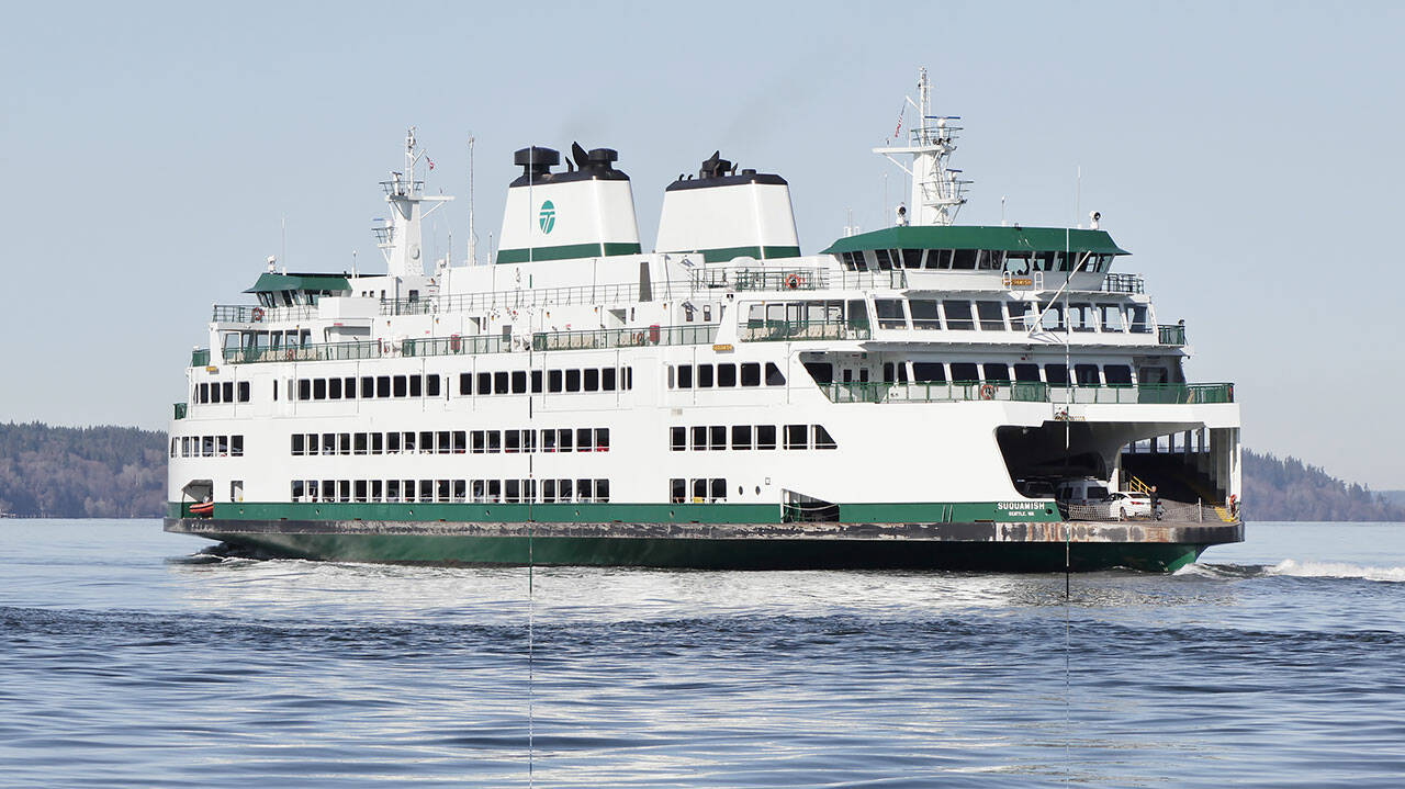 The ferry Suquamish leaving Mukilteo. The next ferry for the Whidbey Island route, Wishkah, will be of the same class but will be hybrid-electric. (SounderBruce via Wikimedia Commons)