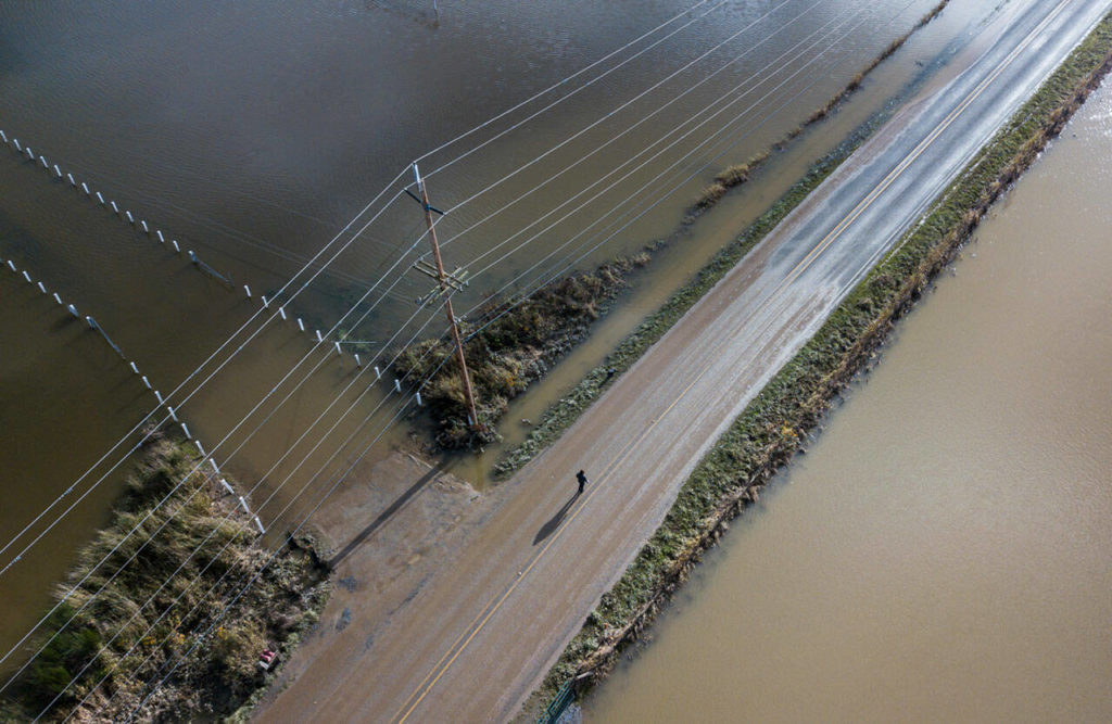 Flooding in Snohomish in November, as seen from a drone. (Olivia Vanni / The Herald)

