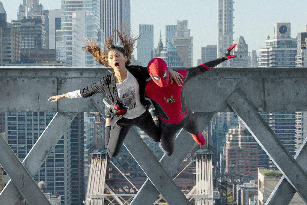 Zendaya goes for a ride with Tom Holland’s Spider-Man in “Spider-Man: No Way Home.” (Sony Pictures)
