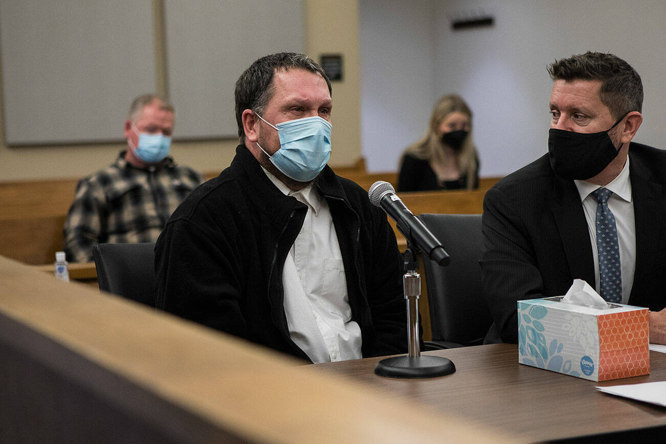 Aaron Blanchard becomes emotional while speaking to the court during his sentencing at the Snohomish County Courthouse on Wednesday, Dec. 22, 2021 in Everett, Wa. (Olivia Vanni / The Herald)