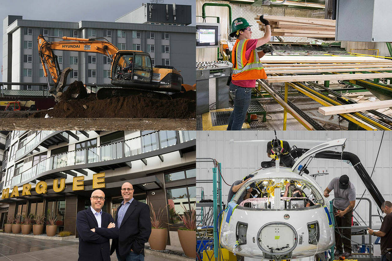 Clockwise from top left: An excavator moves dirt at the Baker Heights project, Jessica Ward runs a stacker at Hampton Mill, Workers build the first all-electric commuter plane at Eviation, and Craig (left) and Andy Skotdal stand in front of the Marquee Apartments. (Andy Bronson / The Herald)