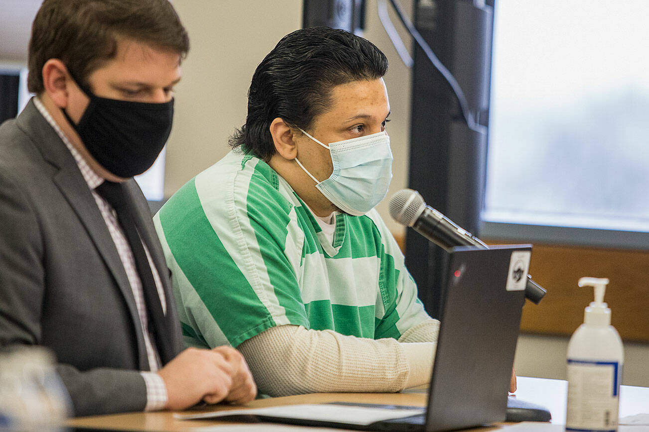 Jason Dominguez at his sentencing at the Snohomish County Courthouse on Thursday, Dec. 16, 2021 in Everett, Wa. (Olivia Vanni / The Herald)