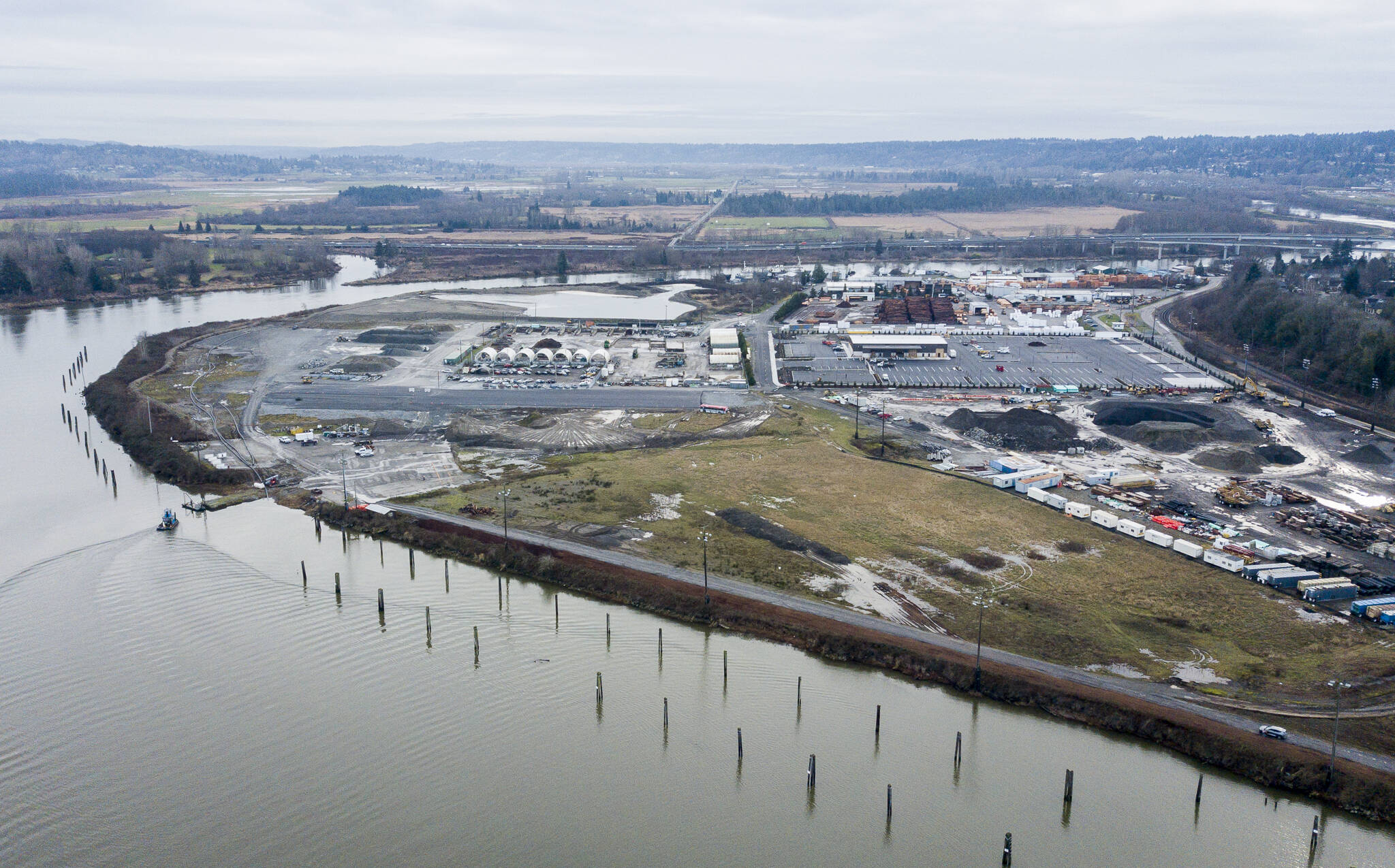 An overview of city-owned property along the Snohomish River, called the Everett Point Industrial Center (EPIC), on Monday, Dec. 20, 2021 in Everett. (Olivia Vanni / The Herald)