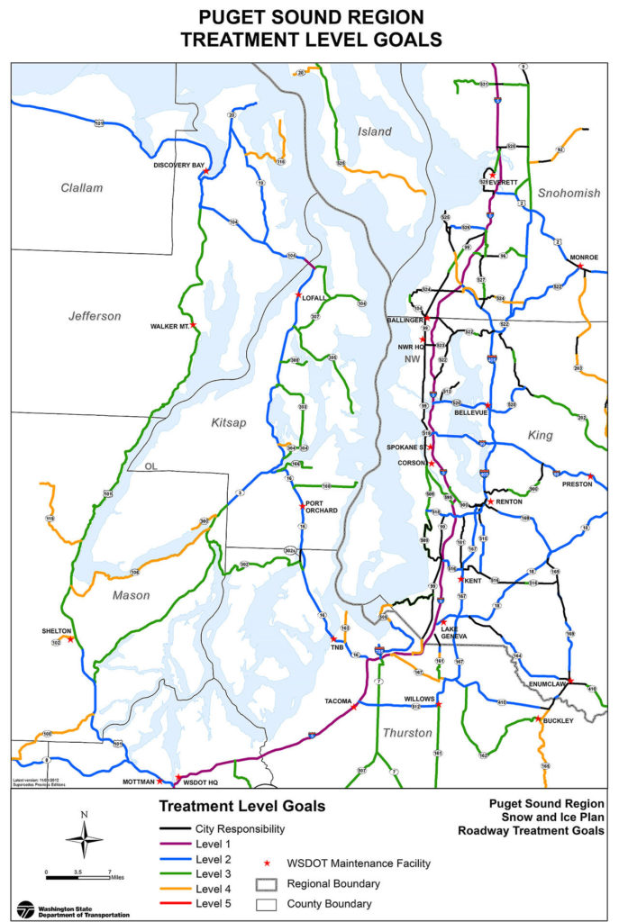 The Washington State Department of Transportation’s priority goals for treating highways during ice and snow for the Puget Sound region. Purple lines mark the highest priority, followed by blue, green, orange, red and black. (WSDOT)
