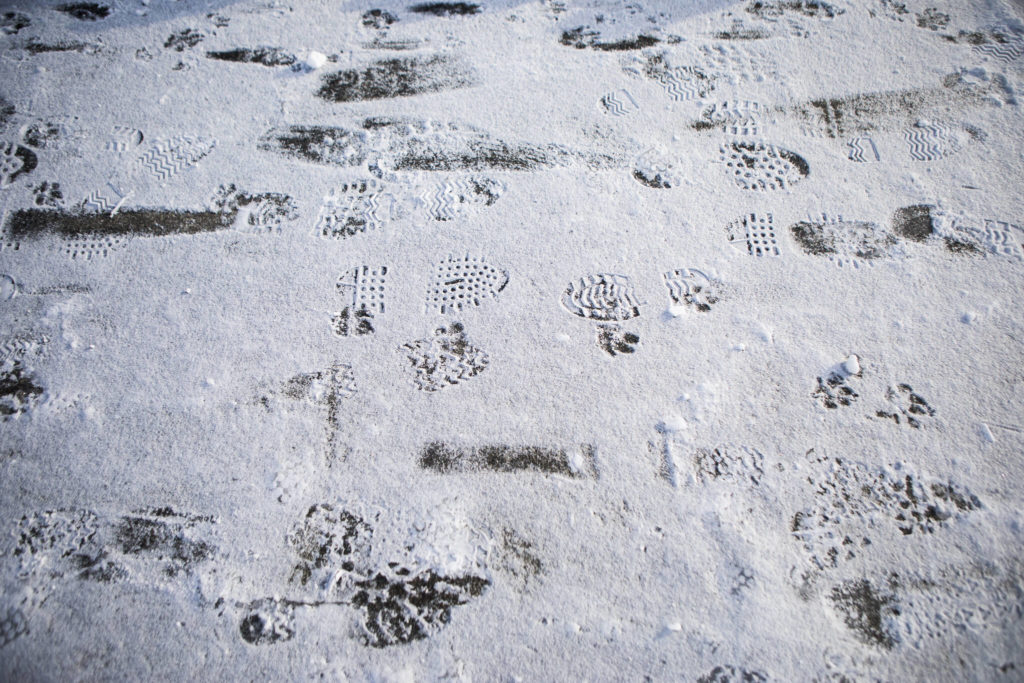 Shoe and paw imprints are visible in the ice along Grand Avenue on Monday in Everett. (Olivia Vanni / The Herald)
