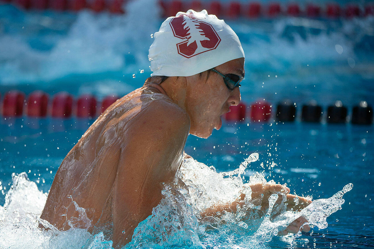 Stanford swimmer Jon Cook, a Jackson High School graduate, competes during a meet against Utah in 2018 at the Avery Aquatic Center in Stanford, Calif. (John Todd / ISI Photos)