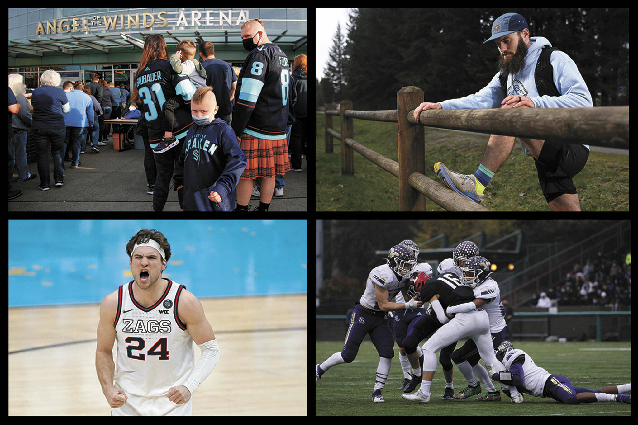 Top left: Kraken fans line up for the team’s exhibition game in Everett on Oct. 1. Top right: Lake Stevens resident Austin Johnson stretches while preparing for a 24-hour run to bring awareness to suicide prevention on Feb. 20. Bottom left: Edmonds native and Gonzaga star Corey Kispert celebrates during an NCAA Tournament game on April 3. Bottom right: Lake Stevens defenders tackle an Eastlake ball-carrier during a playoff game on Nov. 27. (Herald file photos)