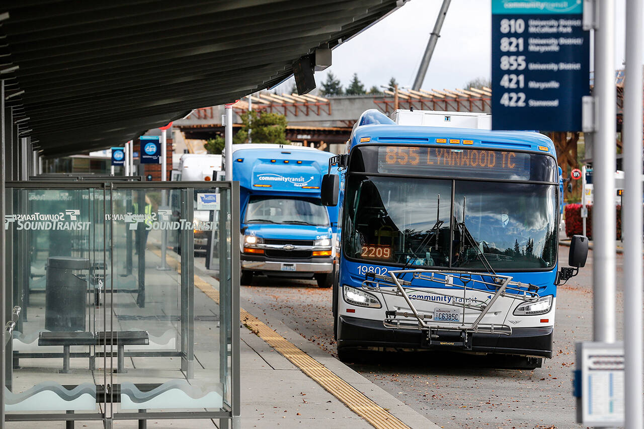 Community Transit buses and paratransit won’t collect fares on New Year’s Eve from 4 a.m. Friday until 4 a.m. Saturday. (Kevin Clark / Herald file)