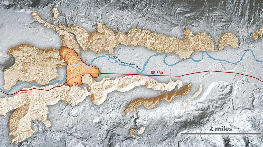 Lidar imagery enables geologists to accurately identify landslides, such as the area around the Highway 530 Oso landslide. In this area, lidar data show prehistoric landslides in beige along the North Fork Stillaguamish River. The darker-shaded, outlined area is the extent of the March 2014 Oso landslide. (Daniel Coe/Washington State Department of Natural Resources)
