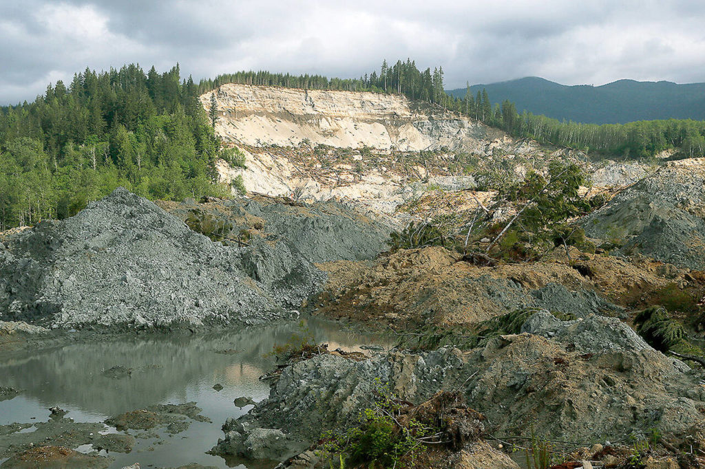 The Oso mudslide is seen in the morning light on May 16, 2014. (Dan Bates / Herald file)
