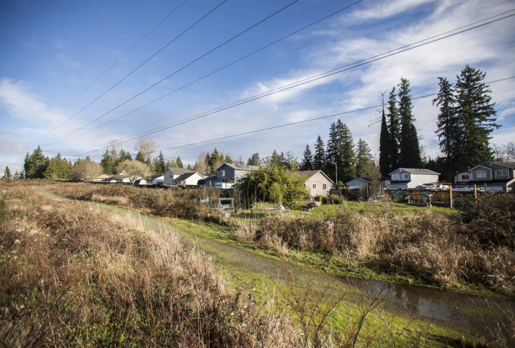 Houses along 88th Drive SE are visible from the Powerline Trail in Lake Stevens. (Olivia Vanni / The Herald)
