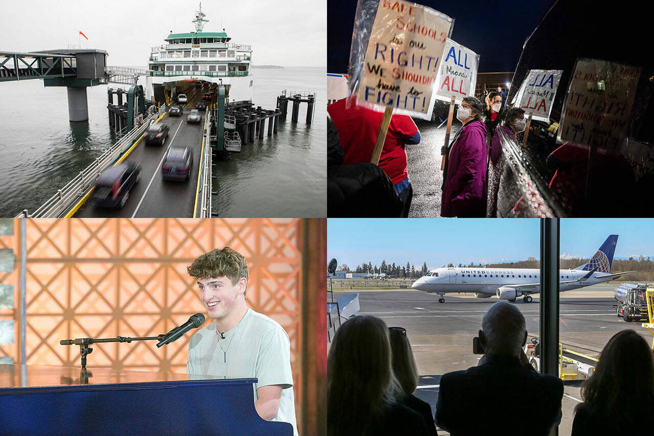 Cars drive onto the ferry at the Mukilteo terminal Nov. 1 (Olivia Vanni), people demand the Monroe School District address harassment and bullying (Olivia Vanni), the first flight for United Airlines servicing Paine Field taxis down the runway on March 31, 2019 (Kevin Clark), and American Idol contestant Benson Boone of Monroe plays the piano. (ABC/Christopher Willard)