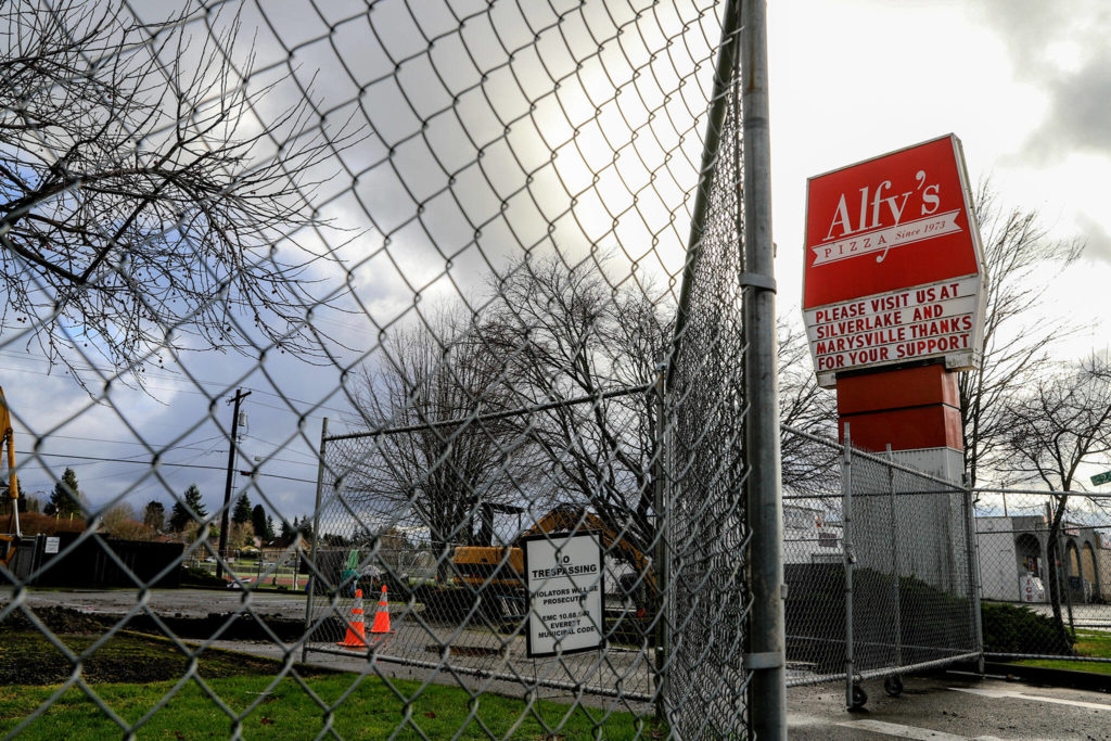 Alfy’s Pizza on Broadway is closed in Everett. (Kevin Clark / The Herald)
