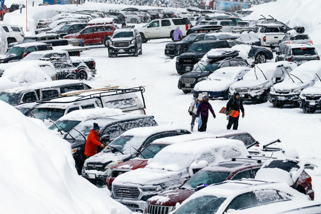 One of the parking lots at Stevens Pass on Thursday afternoon. (Kevin Clark / The Herald)
