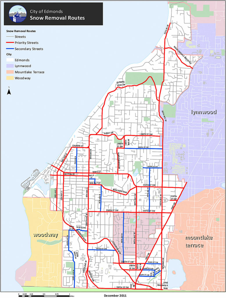 The City of Edmonds snow removal route map prioritizes high-traffic streets. Mayor Mike Nelson called to review the city’s winter storm response plan. (City of Edmonds)
