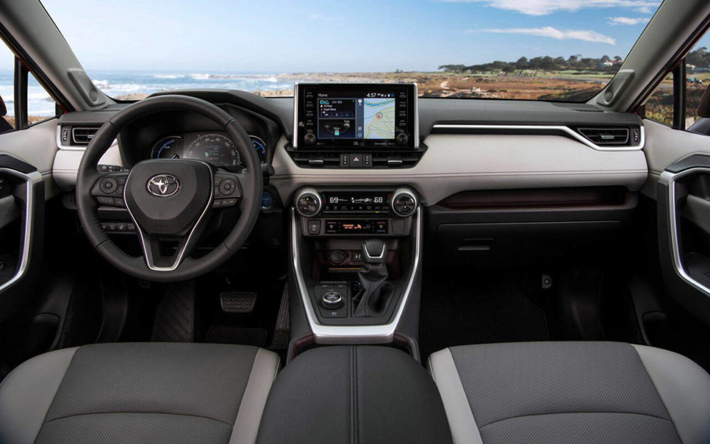 An 8-inch touchscreen is the centerpiece of the 2021 Toyota RAV4 Hybrid multimedia system. The Limited trim level interior is shown here. (Manufacturer photo)
