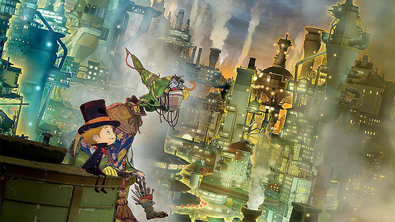 Lubicchi, a young chimney sweep, and Poupelle, a sentient, anthropomorphic pile of garbage, look out over their smoky city in “Poupelle of Chimney Town.” (Studio 4C)