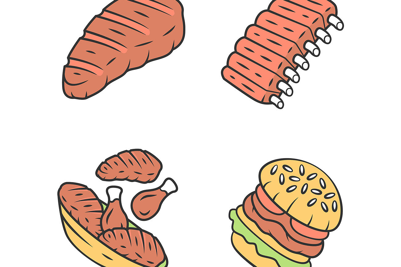 Meat dishes color icons set. Steak, beef ribs, chicken legs, burger. Fast food. Butcher shop product. Restaurant, grill bar, steakhouse menu. Isolated vector illustrations