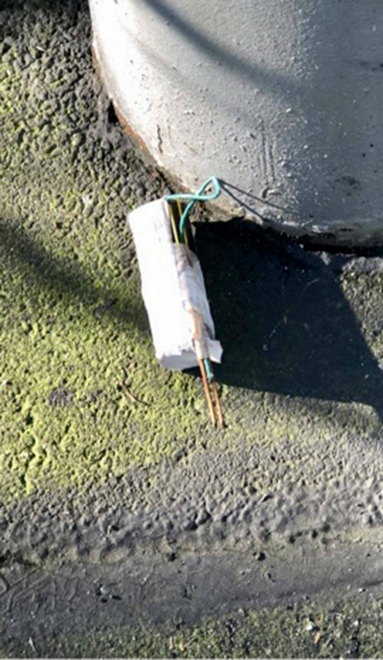 Someone left and apparently tried to light a homemade explosive Sunday afternoon near a gas station in Marysville. It was rendered safe. (Marysville Police Department)