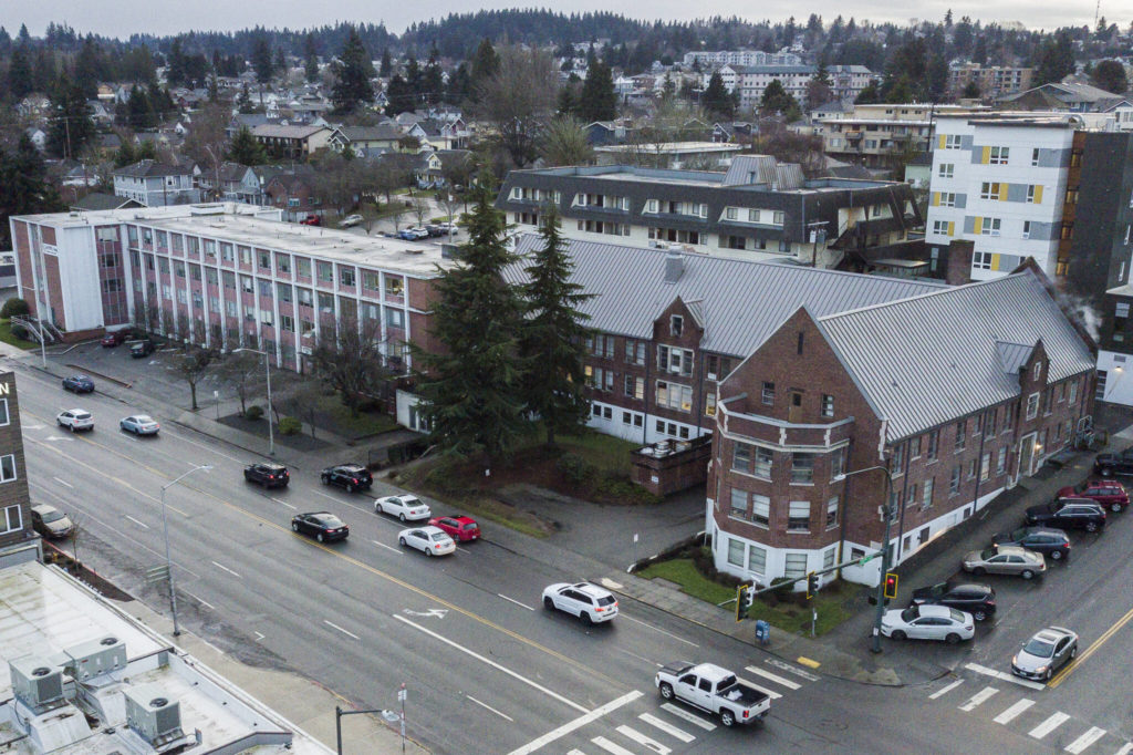 Compass Health’s Broadway campus occupies two facilities, including one built in 1920, in Everett. They could be demolished this spring to make way for a new four-story, 82,000-square-feet facility. (Olivia Vanni / The Herald)
