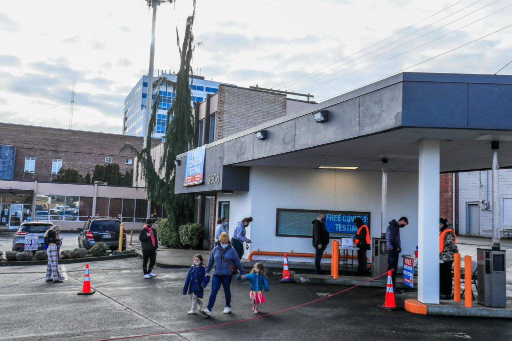 The walk-up COVID testing center on Wetmore Avenue in Everett. (Kevin Clark / The Herald) 
