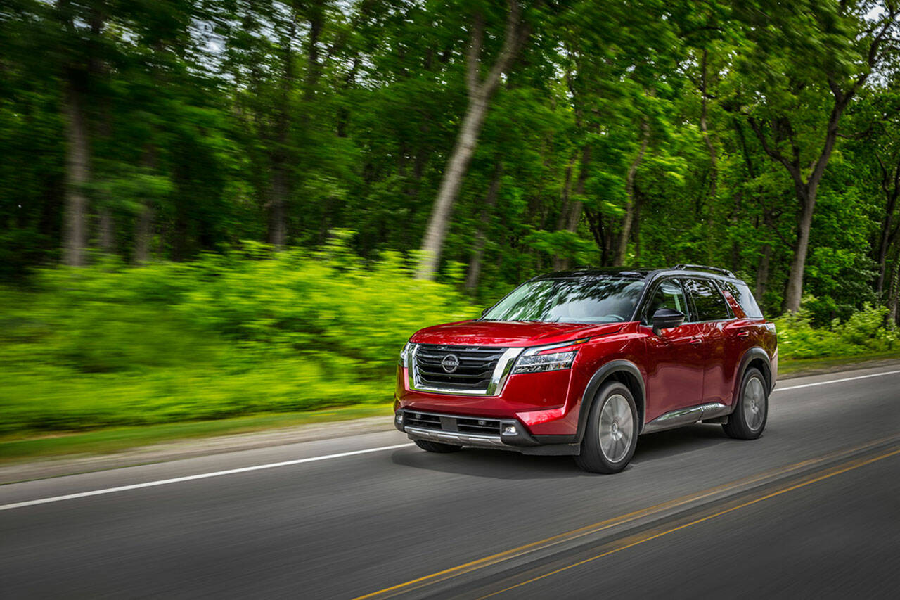 Nissan’s signature V-motion grille dominates the 2022 Pathfinder’s front. Look closely and you’ll see three slots at the top, a tribute to the original 1986 Pathfinder. (Manufacturer photo)