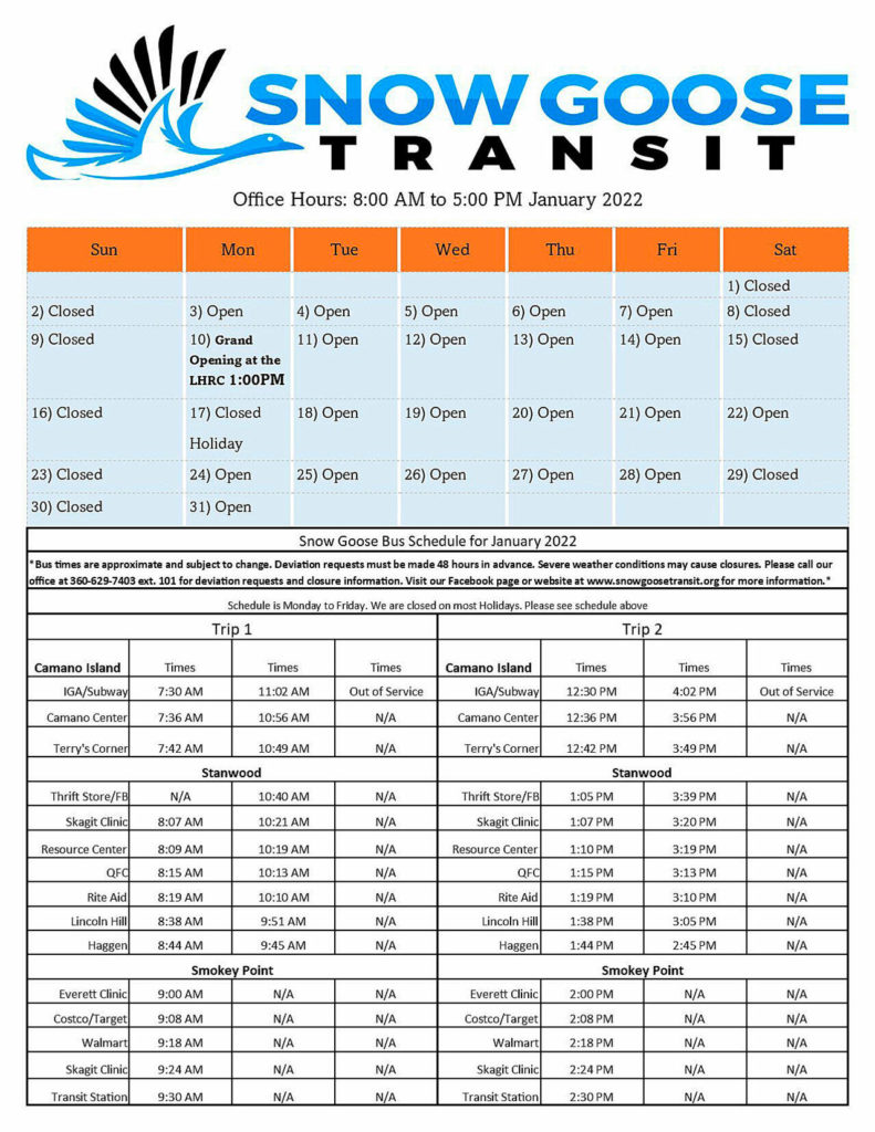 Snow Goose Transit, a fare-free service with 15 stops between Camano Island, Stanwood and Smokey Point, launched in January 2022. (Snow Goose Transit)
