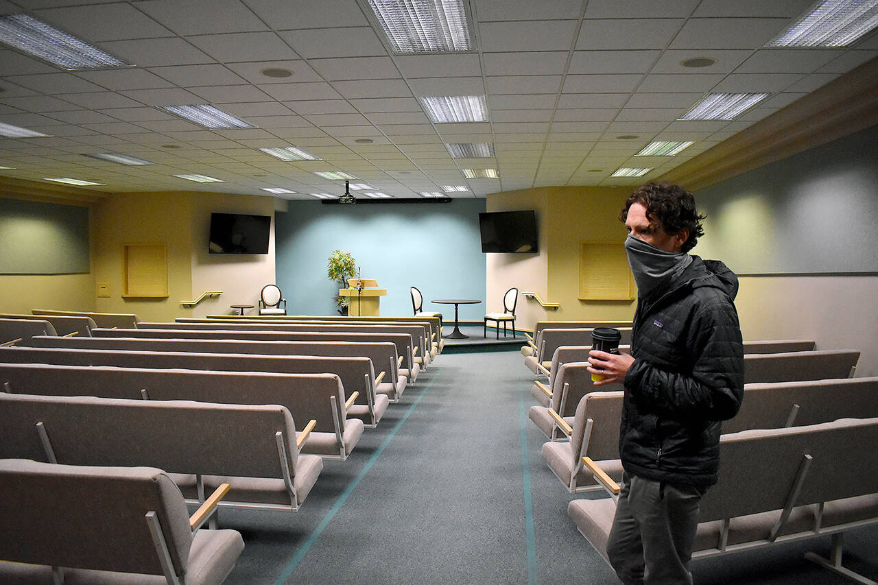 Whidbey Homeless Coalition Executive Director Jonathan Kline at the former Jehovah’s Witness church on Morris Road outside Coupeville in 2021. (Emily Gilbert / Whidbey News-Times, file)