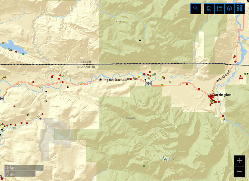 Broadband Speed Test Survey map showing internet connectivity. The red dots represent areas of low service, and the black dots areas of no service. Yellow/green dots are medium to high service. (Washington State Department of Commerce)
