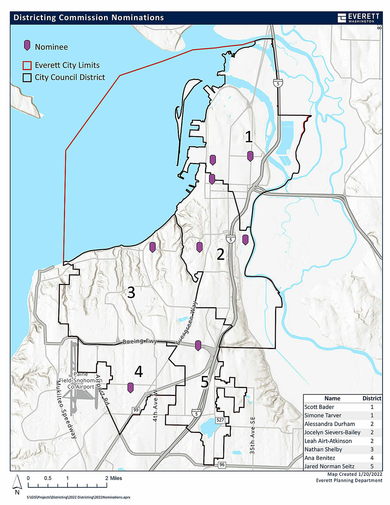 A map of city council districts and districting commission nominees put forth by the Everett City Council and mayor. (City of Everett)