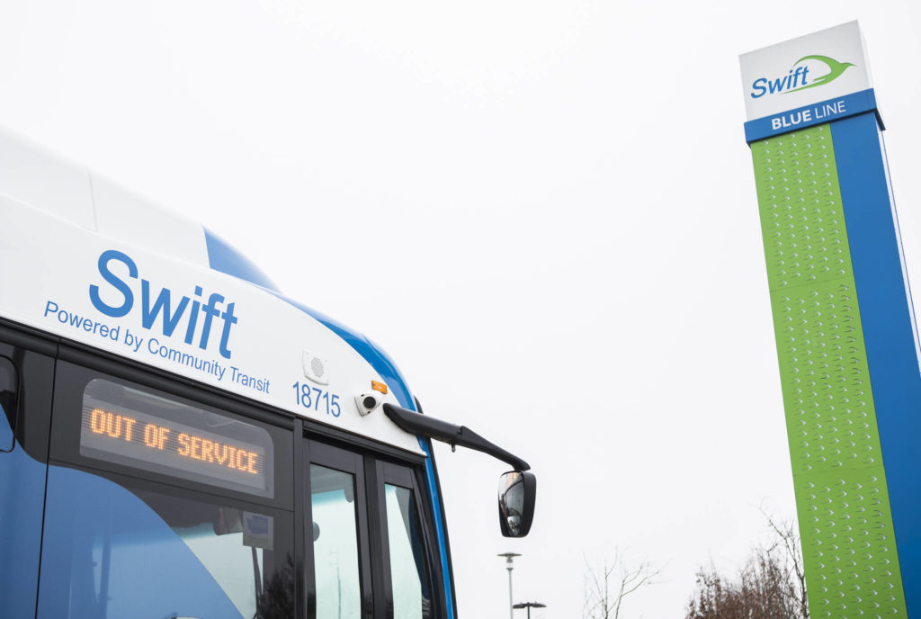 Community Transit’s Swift Blue Line lost four southbound trips and three northbound trips through March 18 because of employee absences and vacancies. (Olivia Vanni / The Herald)

