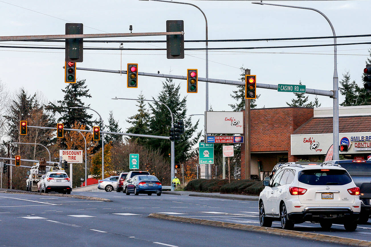 Northbound view of Evergreen Way at Casino Rd on Wednesday afternoon in Everett on November 17, 2021.    (Kevin Clark / The Herald)