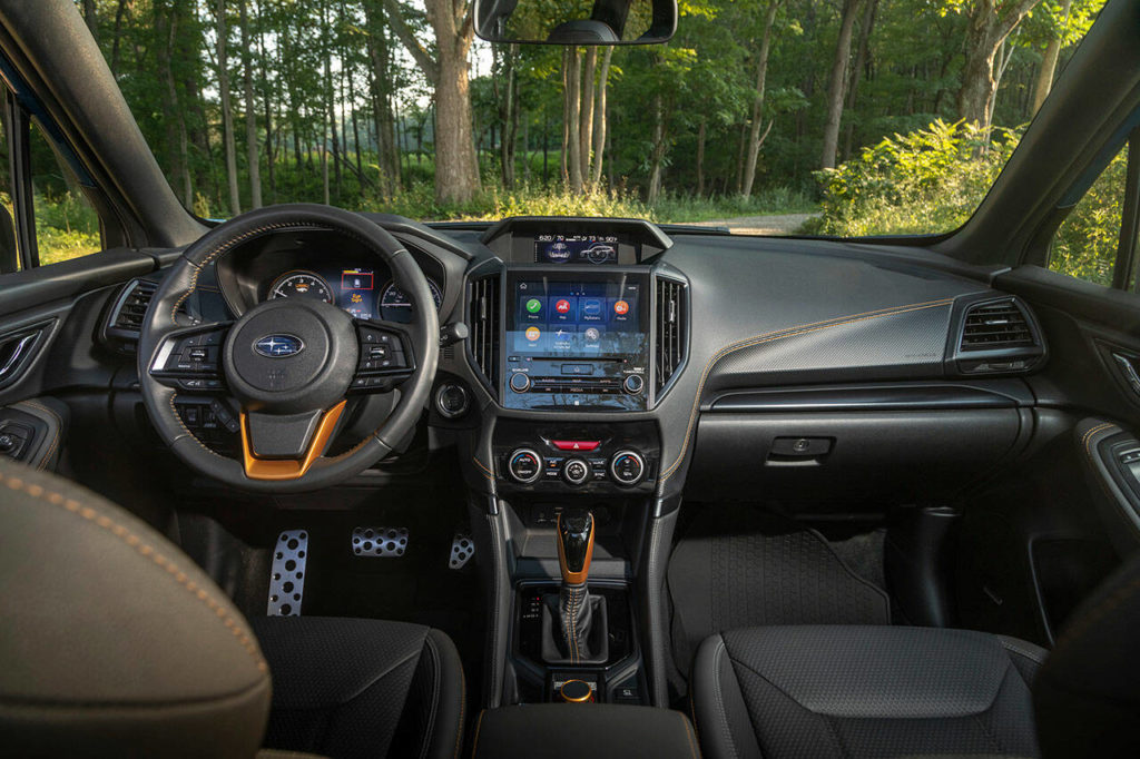 The 2022 Subaru Forester Wilderness interior is embellished with exclusive stitching and accent trim. Seats are made of durable StarTex water-resistant and breathable upholstery. (Manufacturer photo)
