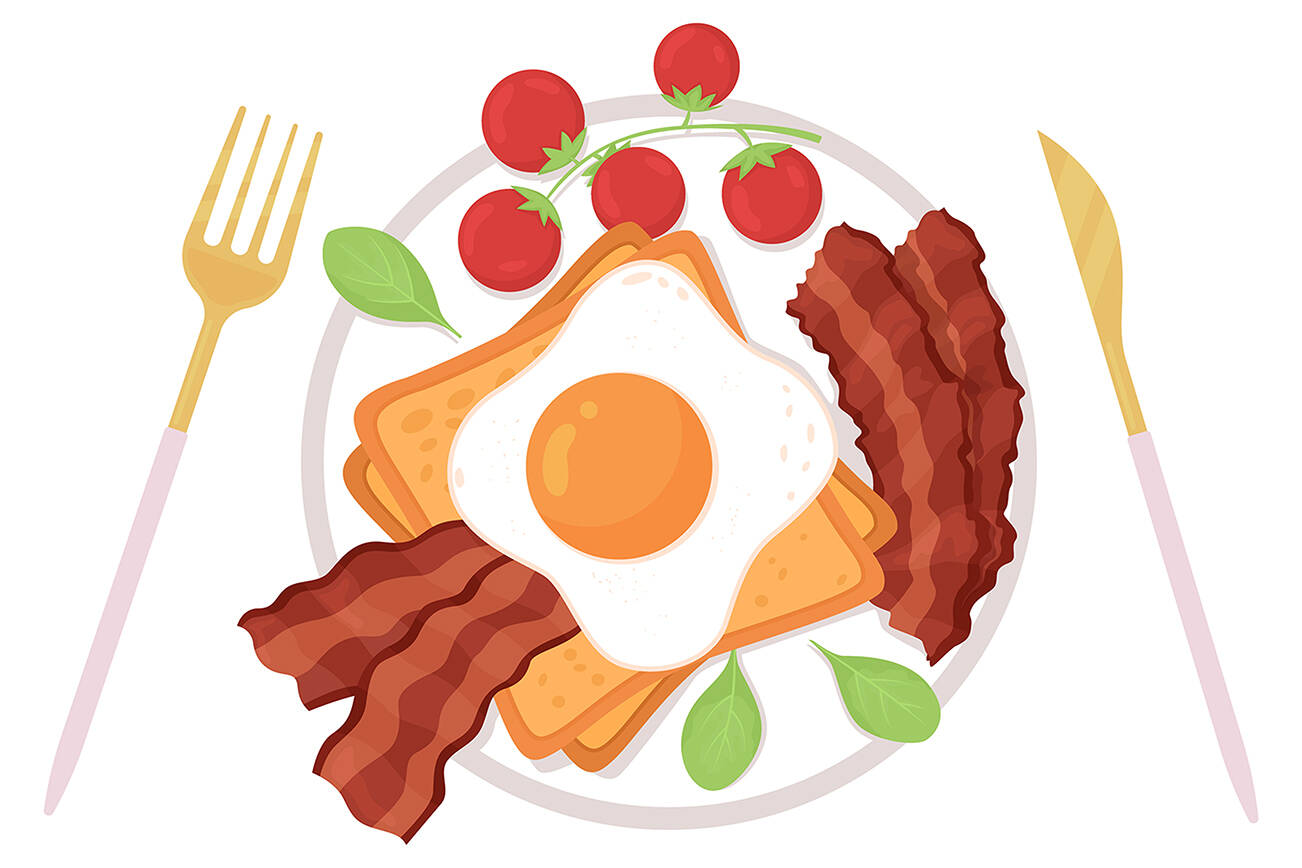 English breakfast semi flat color vector object. Morning eating routine. Realistic item on white. Lifestyle isolated modern cartoon style illustration for graphic design and animation