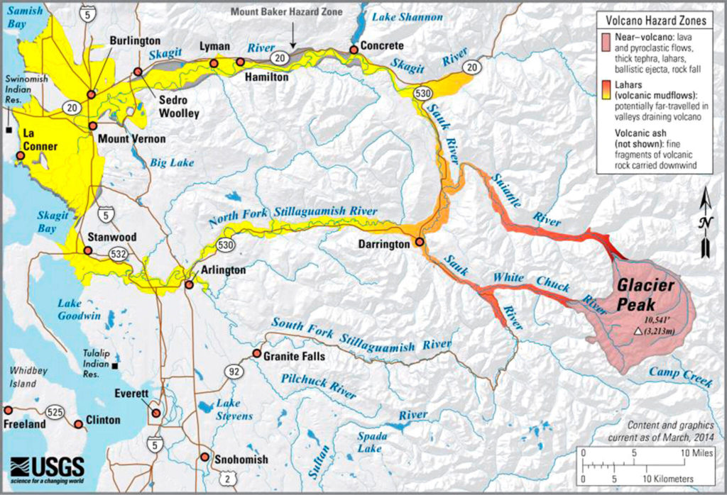 This map shows Glacier Peak’s volcano hazard zones. (USGS)
