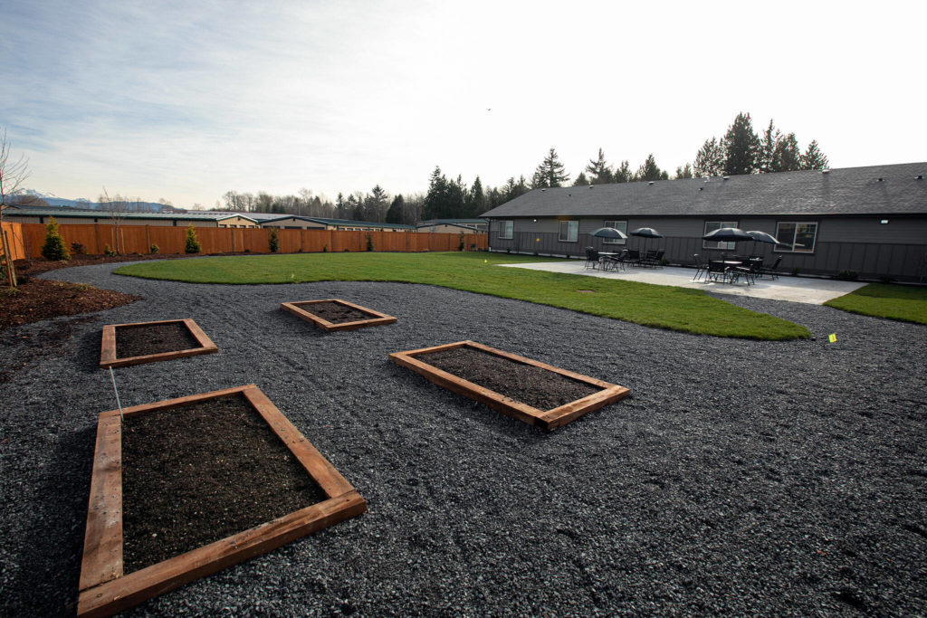 An outdoor space is seen Friday at the new Holman Recovery Center in Smokey Point. (Ryan Berry / The Herald)
