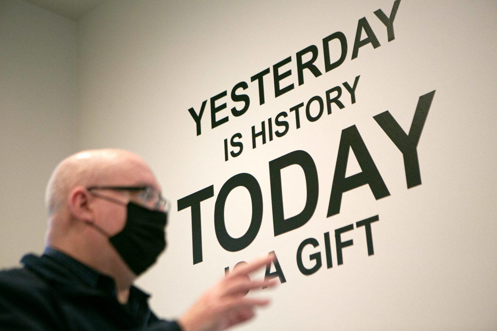 An inspirational sign is painted on a wall of the new Holman Recovery Center in Smokey Point. (Ryan Berry / The Herald)
