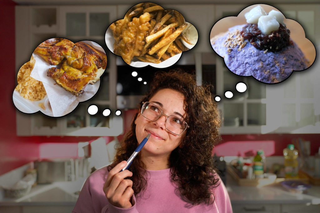 Taylor Goebel, The Daily Herald’s new food and restaurant reporter, introduces herself with five places around Snohomish County. From left: Marinated chicken from El Pollo Rico, fish and chips from Ray’s Drive In and bingsoo from Milkie Milkie. (Photo Illustration by Kevin Clark / The Herald)
