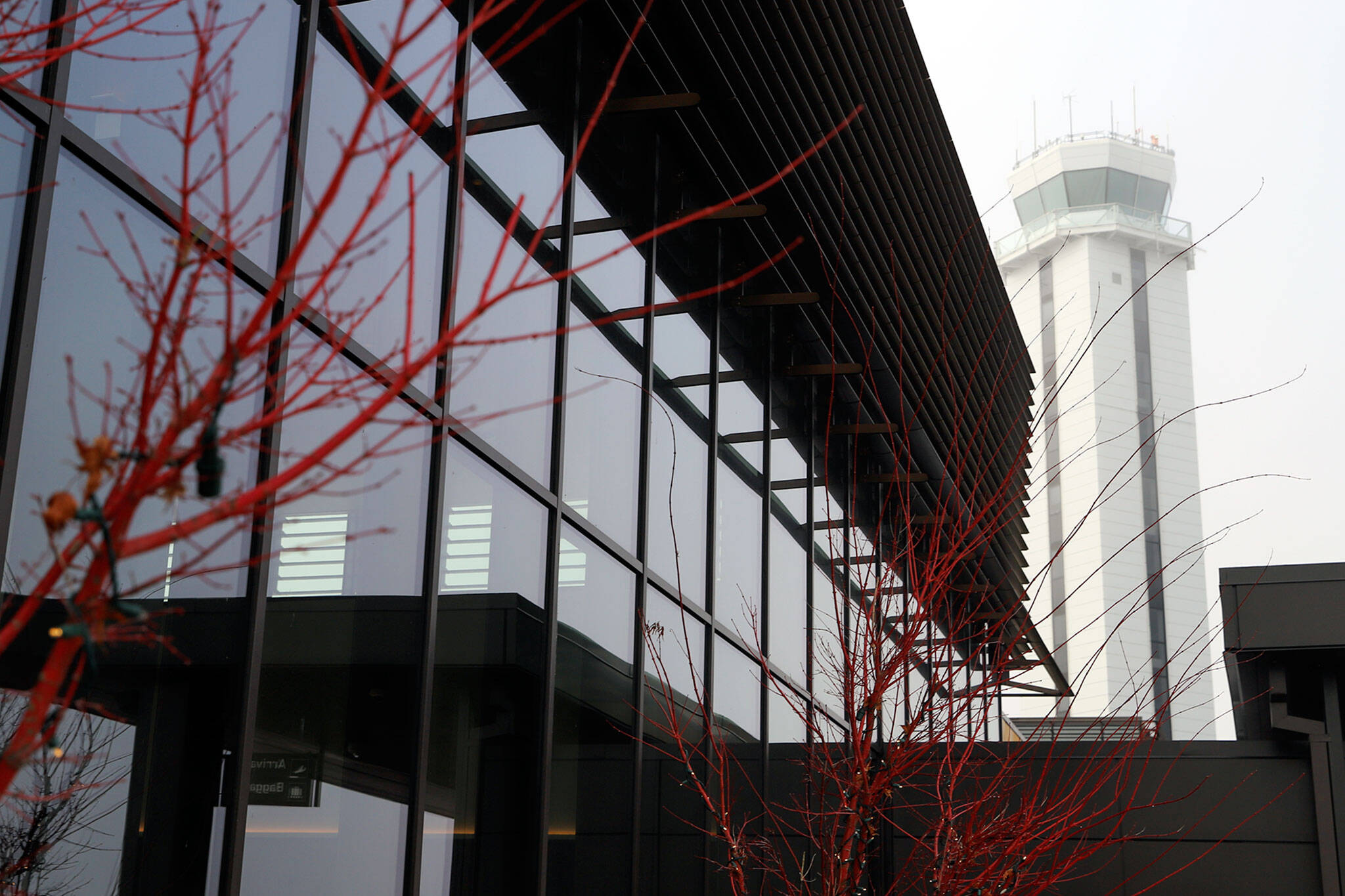 The tower at Paine Field Airport was shrouded in fog Jan. 25. (Kevin Clark / Herald file)