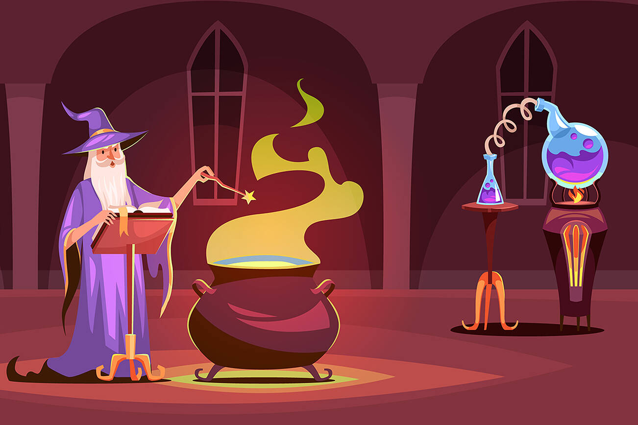 Wizard castle. Magical laboratory interior. Cartoon sorcerer brews magic potion in tower. Spell books and alchemy distillation flask on table. Magician with magic wand and cauldron. Vector concept