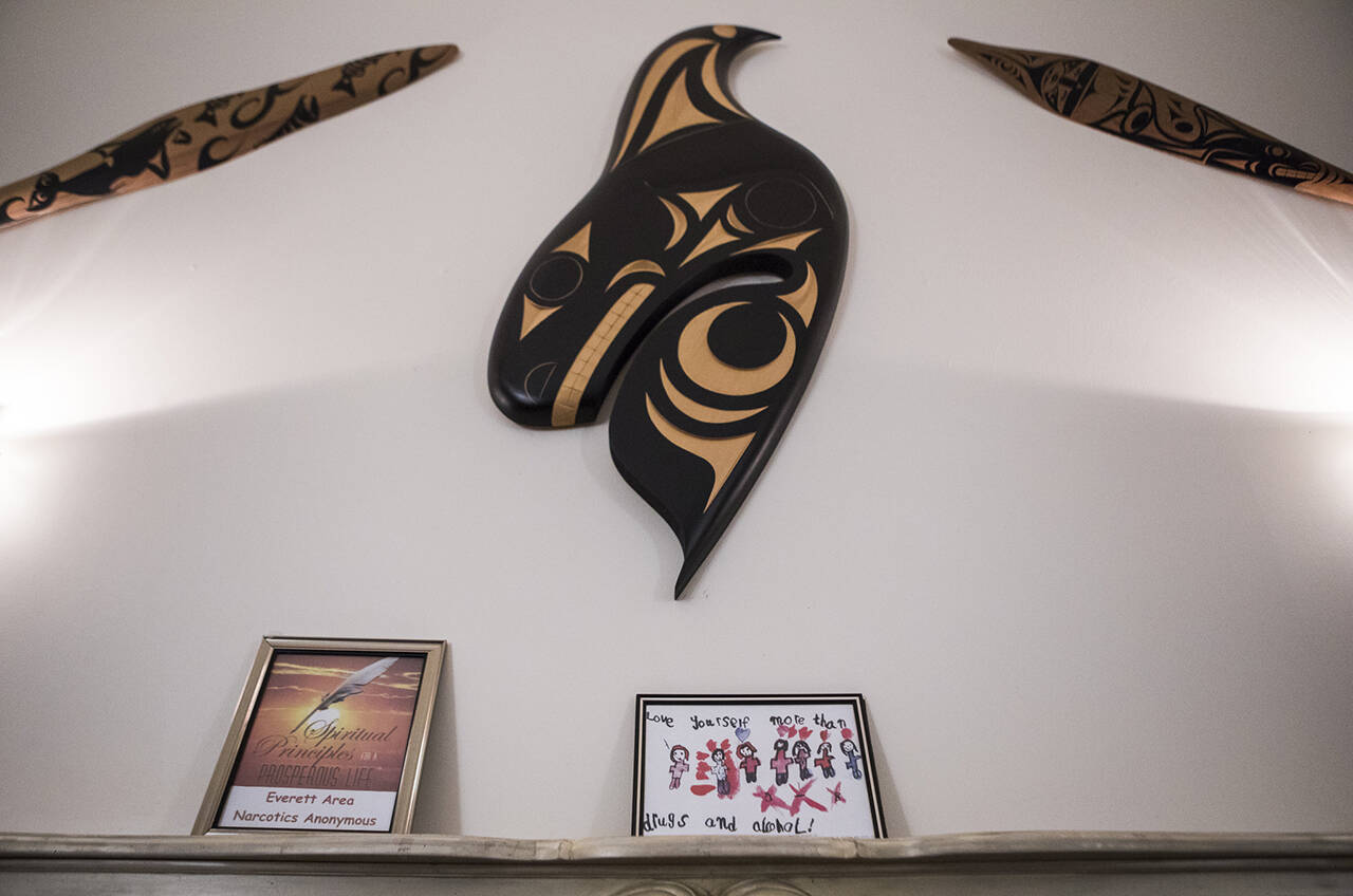 Art is displayed at the Tulalip Tribes’ Stanwood Healing Lodge, where people come to recover from substance abuse. (Olivia Vanni / Herald file)