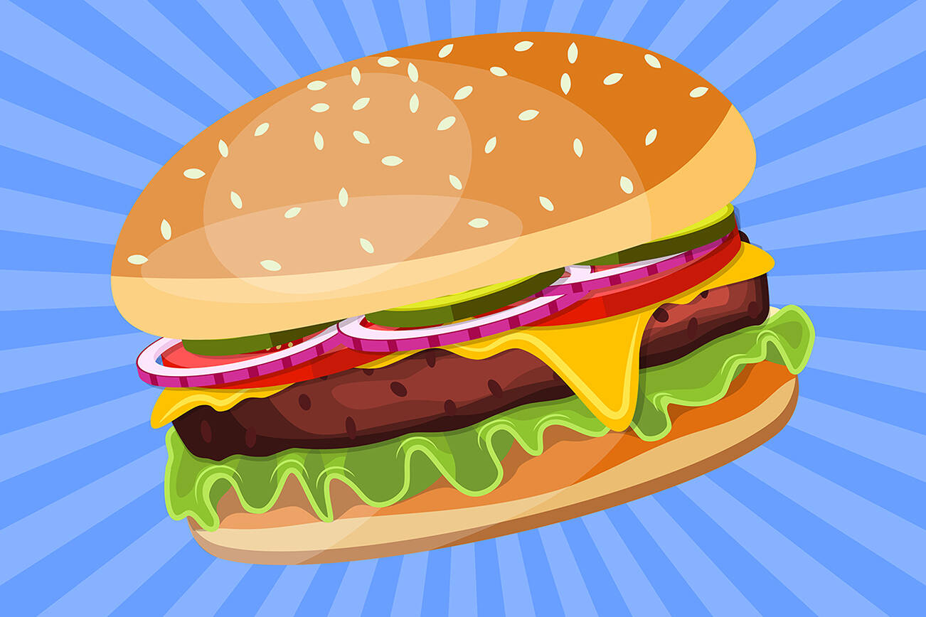 Hamburger with cheese, tomato and salad. Unhealthy food. Decoration for patches, prints for clothes, badges, posters, emblems, menus. Vector illustration in flat style
