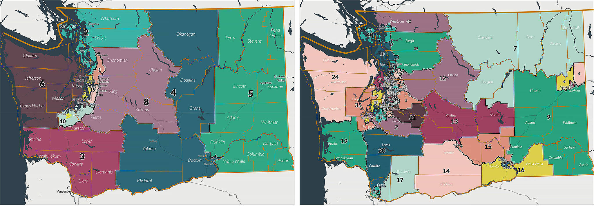 Approved Congressional (left) and Legislative (right) District maps. (Washington State Redistricting Commission)