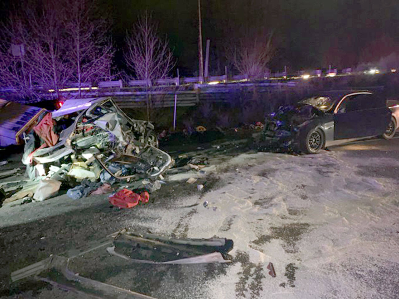 The scene of a fatal crash on northbound I-5 in Arlington Tuesday evening. (Washington State Patrol)