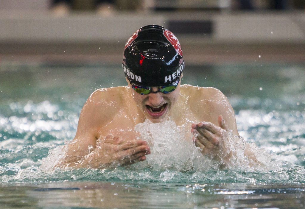 Cascadeճ Noah Henderson swims in the 200 Yard IM during the 3A Boys Districts swim meet on Saturday, Feb. 12, 2022 in Snohomish, Wa. (Olivia Vanni / The Herald)
