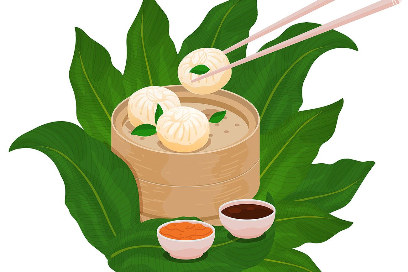 Dim Sum steamed buns. Baozi, Mantou, Momo, Khinkali. Chinese buns dim sum served in bamboo steamer basket with sauce and chopsticks. Vector illustration of asian dumpling with green palm leaves.