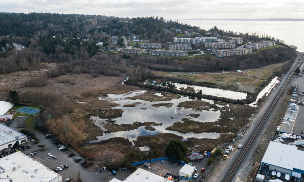 Aerial view of the Edmonds Marsh on Wednesday. (Olivia Vanni / The Herald)
