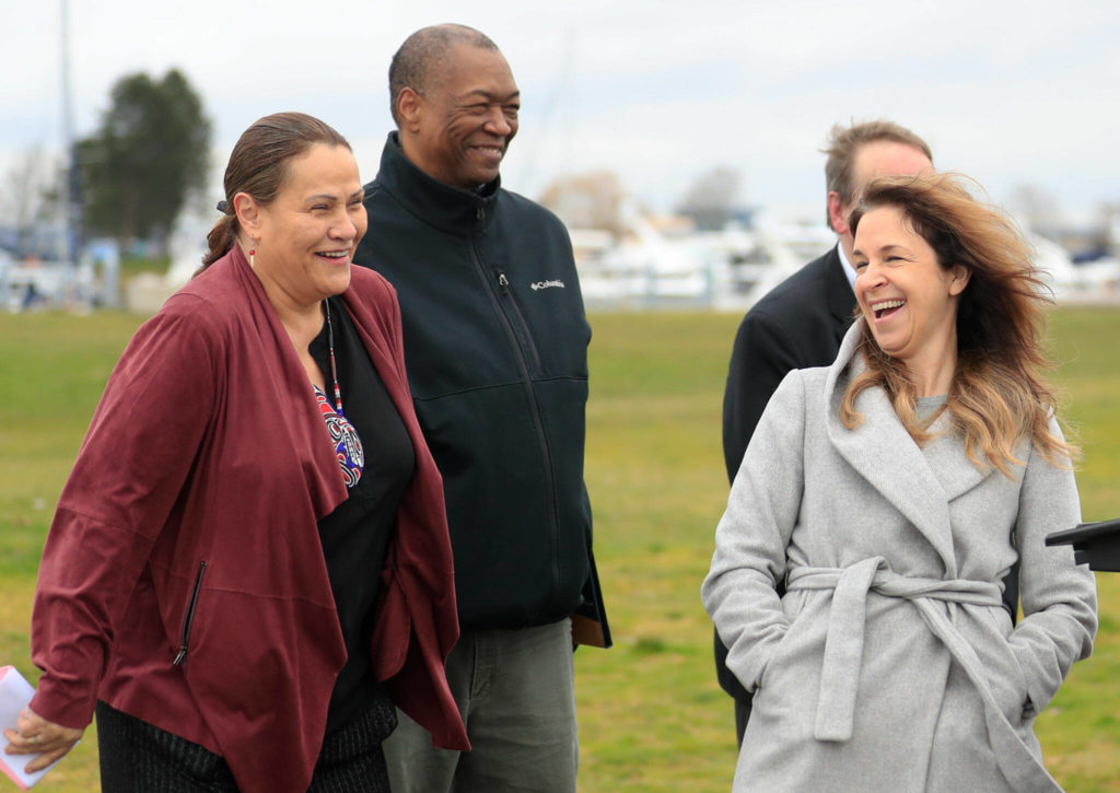 Teri Gobin (left), Tulalip Tribes chairwoman; David Simpson (center), Port of Everett commissioner; and Hilary Franz (right), state public lands commissioner, during a news conference at Boxcar Park in Everett last week. (Kevin Clark / The Herald)
