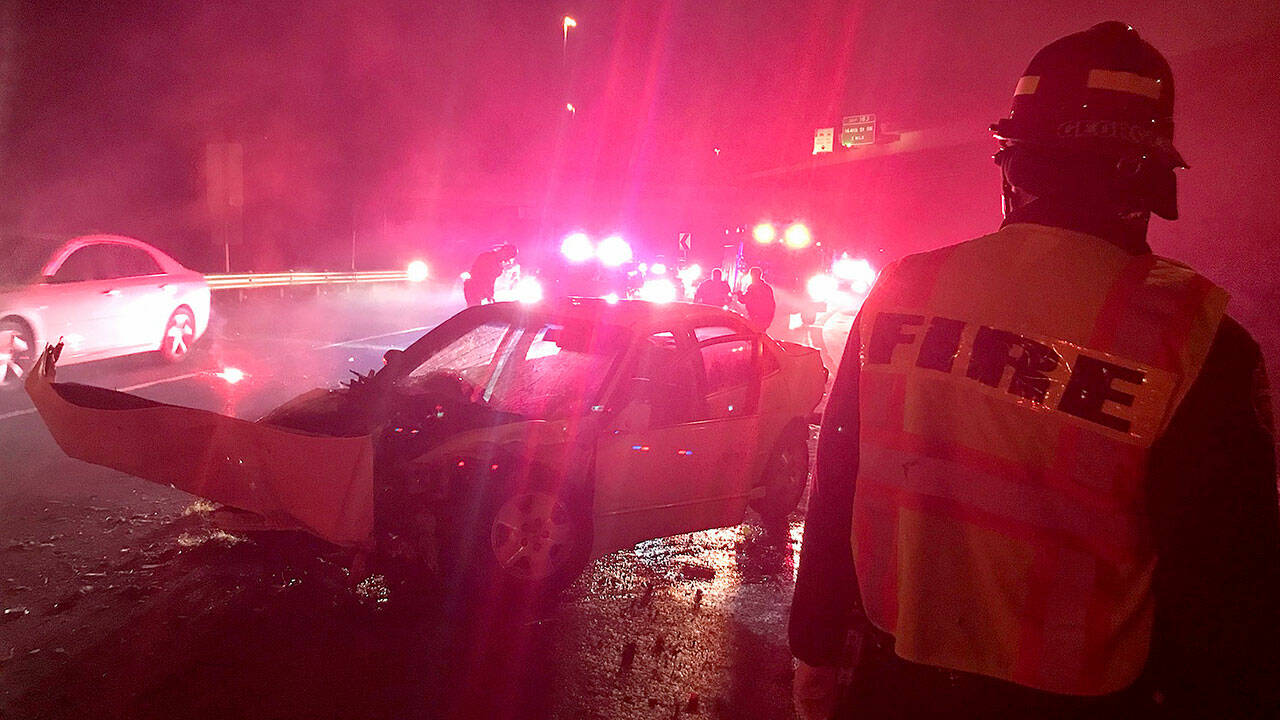 Two drivers were hospitalized for serious injuries Monday night after a suspected DUI crash on the southbound I-5 ramp to I-405 in Lynnwood. (South County Fire)